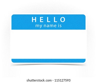 Blue color name tag blank sticker HELLO my name is with drop gray shadow on white background. This vector illustration clip-art element for design saved in 10 eps