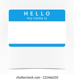 Blue color name tag HELLO my name is. Pile blank stickers with drop gray shadow on white background. This vector illustration clip-art element for design saved in 10 eps