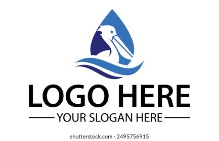 Blue Color Negative Space Pelican Bird with Water Drop Logo Design