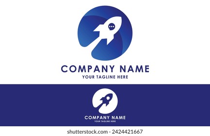 Blue Color Negative Space Rocket Launch Initial Letter R Logo Design