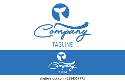 Blue Color Negative Space Whale Tail Circle Logo Design