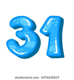 Blue color number 31 thirty one vector illustration, colorful number 31 image isolated, cartoon kids design style
