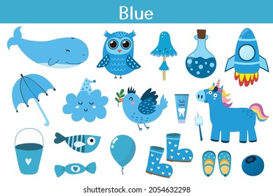 Blue color objects set. Learning colors for kids. Cute elements collection. Educational background. Vector illustration