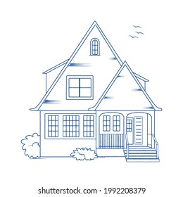 Blue color outline architectural sketch of a detached family house with garden. Vector