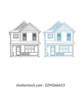 Blue color outline architectural sketch of a detached family house with garden. Vector.Linear pencil sketch of the house. White silhouette of a cottage-type house. Isolated. Vector