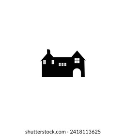 Blue color outline architectural sketch of a detached family house with garden. Vector.Linear pencil sketch of the house. White silhouette of a cottage-type house. Isolated. Vector