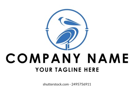 Blue Color Outline Circle with Pelican Bird Logo Design