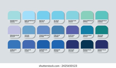 Blue Color Palette, Blue Color Code Guide Palette with Color Names, Catalog Samples Blue with RGB HEX codes. water Blue Colors Palette Vector. Plastic, Paints, Fashion Trending sky Blues Color codes