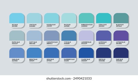 Blue Color Palette, Blue Color Guide Palette with Color Names. Catalog Samples of Blues with RGB HEX codes and Names. Ocean Colors Palette Vector, Fashion Trend Blue Color Palette Vector, sky tones