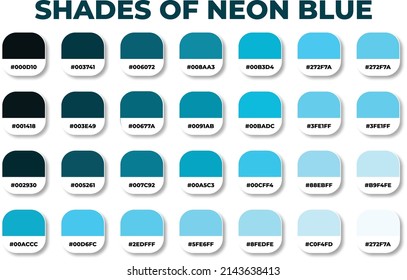 Blue color palette with RGB HEX color codes, Hex codes, Fashion trend blue color palette, Shades of blue, Swatches set, blue color references, Shades of neon