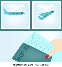 A blue color plane at the backside and a hand holding passport and ticket at the front side, meaning registering your flight and seeing in a window other ones. At the light blue background