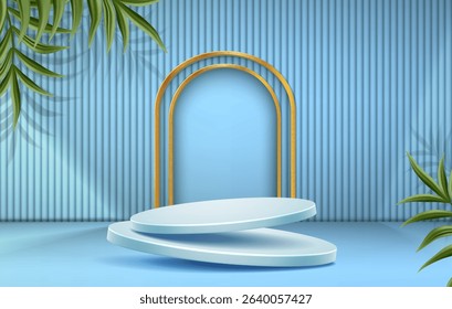 Blue color podium with neon vertical lines and gold arch with exotic plants background. Abstract minimal scene for mockup presentation, cosmetic products, stage showcase, promotion display.