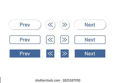 blue color of prev next set. concept of web design, user interface content elements: arrows, buttons for sites, apps. page navigation templates. simple click signs isolated on blue background