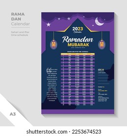 Blue color ramadan calendar design template. Iftar schedule templates design.