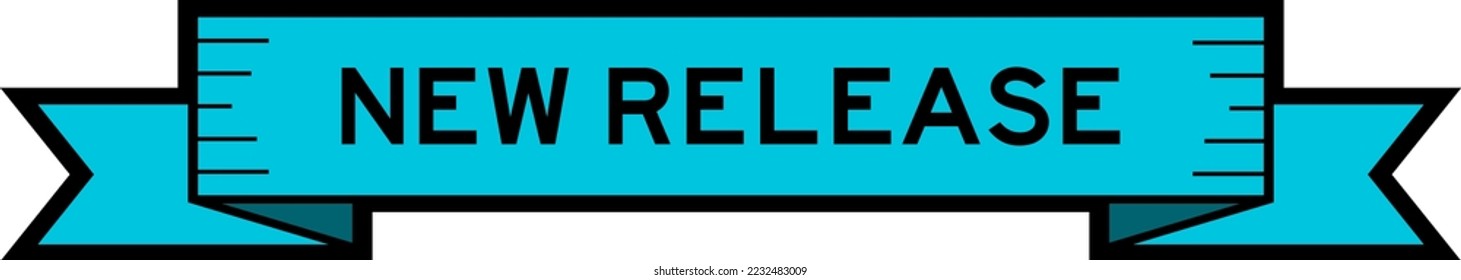 Blue color ribbon label banner with word new release on white background