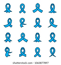 Blue color ribbons set, prostate cancer awareness month, vector illustration