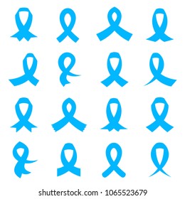Blue color ribbons set, prostate cancer awareness month, vector illustration