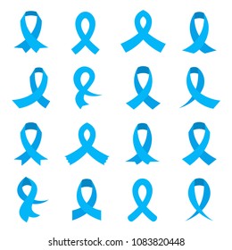 Blue color ribbons set, prostate cancer awareness month, vector illustration