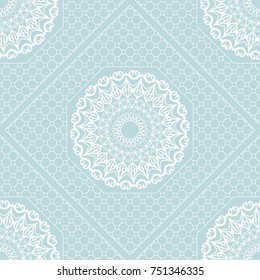 Blue color Romantic Background. Seamless pattern with Mandala, border, geometric Frame. vector illustration