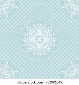 Blue color Romantic Background. Seamless pattern with Mandala, border, geometric Frame. vector illustration