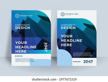 Blue Color Scheme with City Background Business Book Cover Design Template in A4. Easy to adapt to Brochure, Annual Report, Magazine, Poster, Corporate Presentation, Portfolio, Flyer, Banner, Website