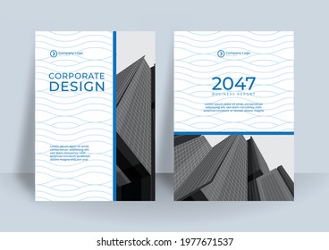 Blue Color Scheme with City Background Business Book Cover Design Template in A4. Easy to adapt to Brochure, Annual Report, Magazine, Poster, Corporate Presentation, Portfolio, Flyer, Banner, Website