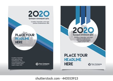 Blue Color Scheme with City Background Business Book Cover Design Template in A4. Easy to adapt to Brochure, Annual Report, Magazine, Poster, Corporate Presentation, Portfolio, Flyer, Banner, Website.
