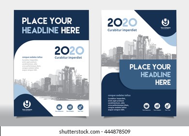 Blue Color Scheme with City Background Business Book Cover Design Template in A4. Easy to adapt to Brochure, Annual Report, Magazine, Poster, Corporate Presentation, Portfolio, Flyer, Banner, Website.