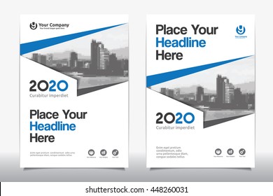 Blue Color Scheme with City Background Business Book Cover Design Template in A4. Easy to adapt to Brochure, Annual Report, Magazine, Poster, Corporate Presentation, Portfolio, Flyer, Banner, Website.