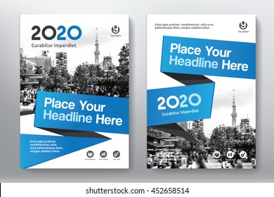 Blue Color Scheme with City Background Business Book Cover Design Template in A4. Easy to adapt to Brochure, Annual Report, Magazine, Poster, Corporate Presentation, Portfolio, Flyer, Banner, Website.