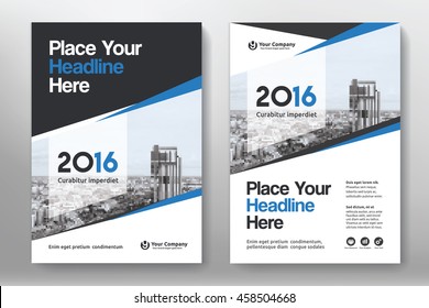 Blue Color Scheme with City Background Business Book Cover Design Template in A4. Easy to adapt to Brochure, Annual Report, Magazine, Poster, Corporate Presentation, Portfolio, Flyer, Banner, Website.