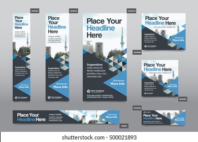 Blue Color Scheme with City Background Corporate Web Banner Template in multiple sizes. Easy to adapt to Brochure, Annual Report, Magazine, Poster, Corporate Advertising media, Flyer, Website.