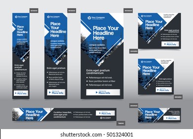 Blue Color Scheme With City Background Corporate Web Banner Template In Multiple Sizes. Easy To Adapt To Brochure, Annual Report, Magazine, Poster, Corporate Advertising Media, Flyer, Website.