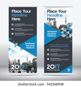 Blue Color Scheme with City Background Business Roll Up Design Template.Flag Banner Design. Can be adapt to Brochure, Annual Report, Magazine,Poster, Corporate Presentation, Portfolio, Flyer, Website