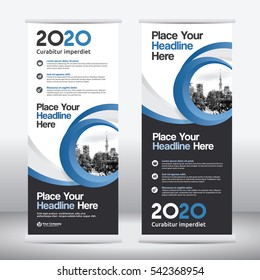 Blue Color Scheme with City Background Business Roll Up Design Template.Flag Banner Design. Can be adapt to Brochure, Annual Report, Magazine,Poster, Corporate Presentation, Portfolio, Flyer, Website