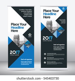 Blue Color Scheme with City Background Business Roll Up Design Template.Flag Banner Design. Can be adapt to Brochure, Annual Report, Magazine,Poster, Corporate Presentation, Portfolio, Flyer, Website