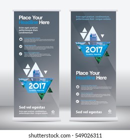 Blue Color Scheme with City Background Business Roll Up Design Template.Flag Banner Design. Can be adapt to Brochure, Annual Report, Magazine,Poster, Corporate Presentation, Portfolio, Flyer, Website