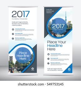 Blue Color Scheme with City Background Business Roll Up Design Template.Flag Banner Design. Can be adapt to Brochure, Annual Report, Magazine,Poster, Corporate Presentation, Portfolio, Flyer, Website