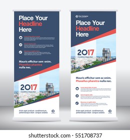 Blue Color Scheme with City Background Business Roll Up Design Template.Flag Banner Design. Can be adapt to Brochure, Annual Report, Magazine,Poster, Corporate Presentation, Portfolio, Flyer, Website