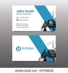 Blue Color Scheme with City Background Business Card Design Template. Can be adapt to Brochure, Annual Report, Magazine,Poster, Corporate Presentation, Portfolio, Flyer, Website