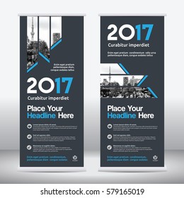 Blue Color Scheme with City Background Business Roll Up Design Template.Flag Banner Design. Can be adapt to Brochure, Annual Report, Magazine,Poster, Corporate Presentation, Portfolio, Flyer, Website