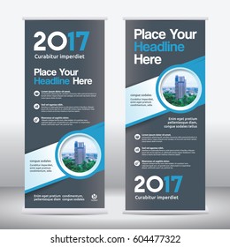 Blue Color Scheme with City Background Business Roll Up Design Template.Flag Banner Design. Can be adapt to Brochure, Annual Report, Magazine,Poster, Corporate Presentation,Flyer, Website