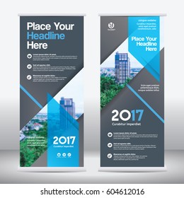 Blue Color Scheme with City Background Business Roll Up Design Template.Flag Banner Design. Can be adapt to Brochure, Annual Report, Magazine,Poster, Corporate Presentation,Flyer, Website