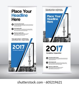 Blue Color Scheme with City Background Business Roll Up Design Template.Flag Banner Design. Can be adapt to Brochure, Annual Report, Magazine,Poster, Corporate Presentation,Flyer, Website