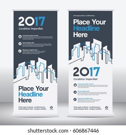 Blue Color Scheme with City Background Business Roll Up Design Template.Flag Banner Design. Can be adapt to Brochure, Annual Report, Magazine,Poster, Corporate Presentation,Flyer, Website