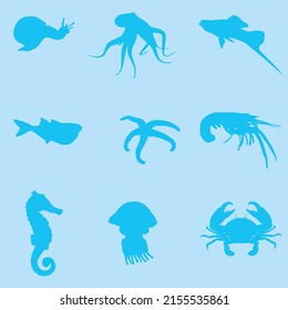 Blue color sea creatures on blue background, vector, textile, fabric, aquatic creatures