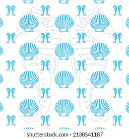 blue color seahorse and seashell patterns on white background, vector
