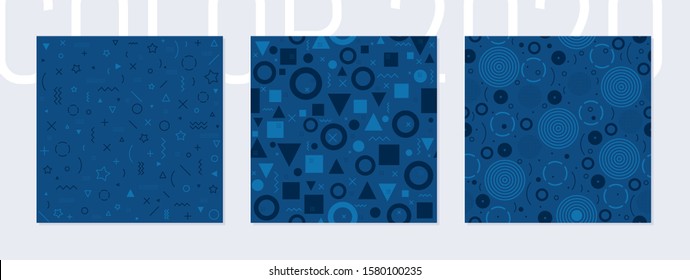 Blue color seamless pattern set. Classic geometric blue background for fabric, wallpaper, wrapping paper, fashion print. Classic design in trendy navy color. 2020 year collection. Vector illustration.