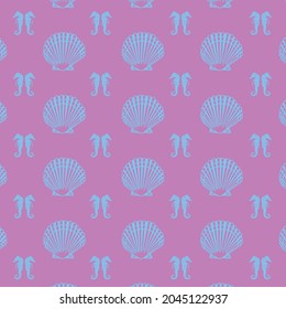 blue color seashell and seahorse patterns on purple background, vector, decorative, fabric, textile, design, backdrop, notebook bag