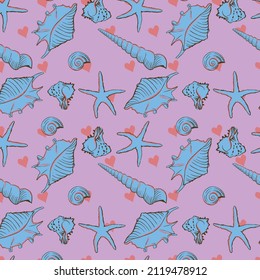 Blue color seashells patterns on red hearts, decorative, textile, fabric, covering, vector